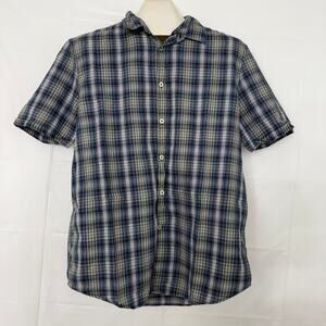 John Varvatos Shirt Mens XL Blue Plaid Short Sleeve Button Up Casual Travel Work
